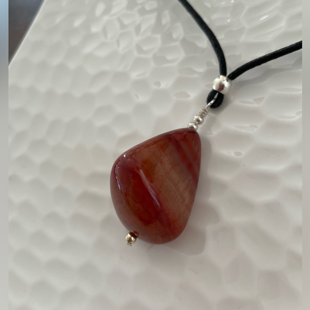 Handmade Orange Brown Carnelian Stone Pendant Necklace on 18” Cord